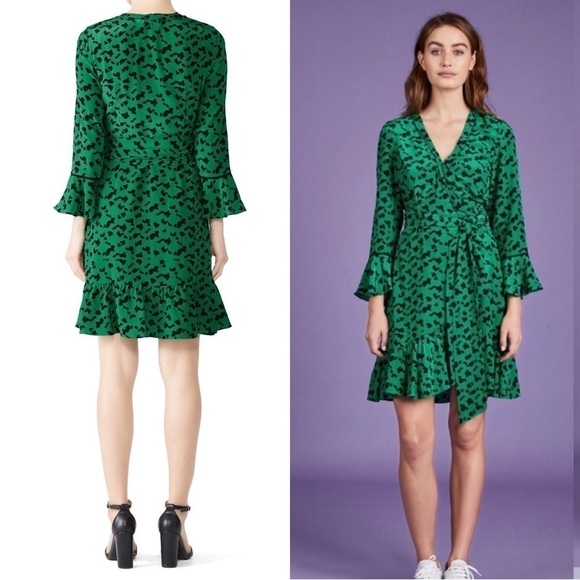TANYA TAYLOR Wrap Dress Green Silk Leopard Print Ruffle Trim 3/4 Long Sleeves 4 - Picture 4 of 12